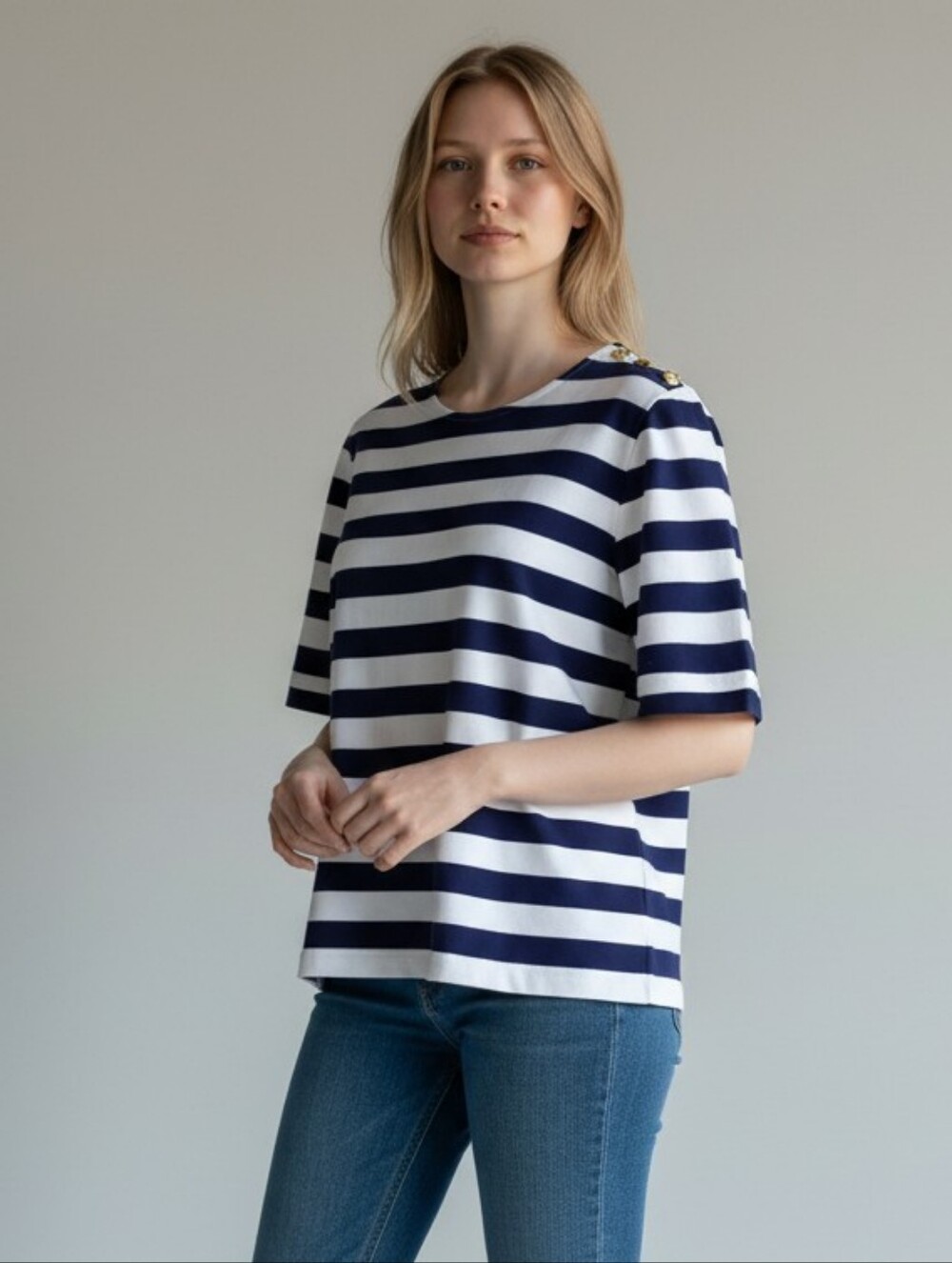 J. Crew Navy and White Striped Short-Sleeve Tee with Shoulder Button Details